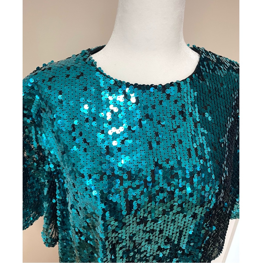 Teal Sequin Short Sleeve Party Shirt | NWT